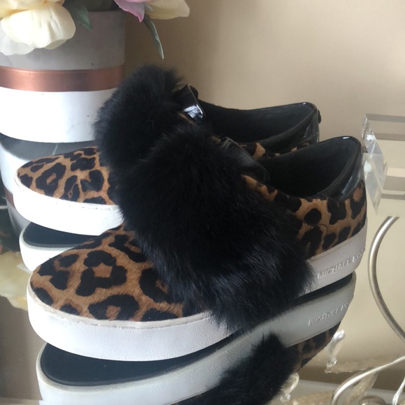 MICHAEL KORS Maven Rabbit Fur Calf Hair Sneakers Shoes Cheetah print - Picture 2 of 12